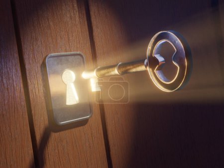 Schlüssel in ein leuchtendes Schlüsselloch. Digitale Illustration, 3D-Rendering.