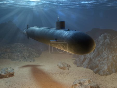 Croisière sous-marine nucléaire dans les profondeurs de l'océan. Illustration numérique, rendu 3d.