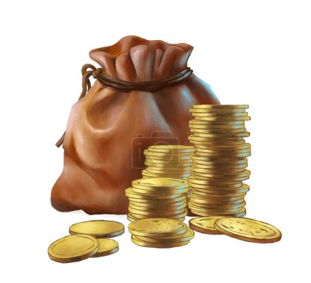 Téléchargez les photos : Un sac d'argent et une pile de pièces d'or sur un bureau. Illustration numérique. - en image libre de droit