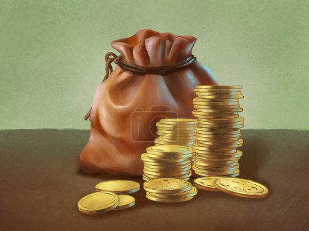 Foto de Bolsa de dinero y un montón de monedas de oro en un escritorio. La ilustración digital. - Imagen libre de derechos