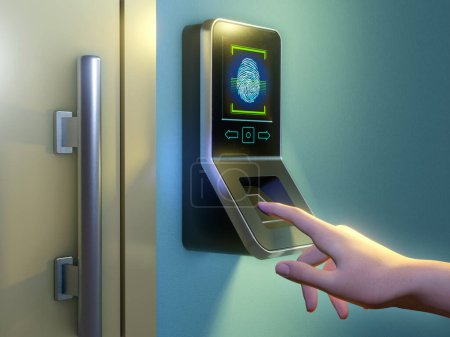 Fingerprint scanner used to control access in a working environment. Digital illustration, 3D render.
