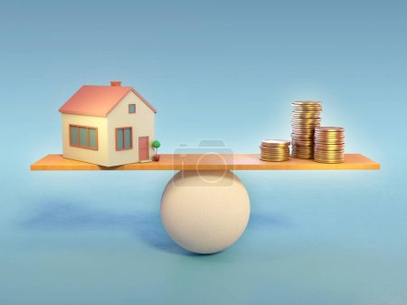 Foto de Casa y un montón de monedas en una balanza de equilibrio, lo que representa gastos relacionados con la casa. Ilustración digital, renderizado 3D. - Imagen libre de derechos
