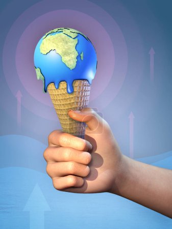 Téléchargez les photos : Une main tenant un cône de crème glacée, avec un globe terrestre en fusion. Illustration numérique, rendu 3D. - en image libre de droit