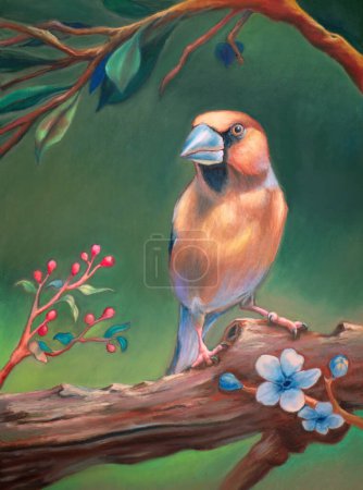 Téléchargez les photos : Portrait d'Hawfinch avec des baies et des fleurs. Peinture traditionnelle sur papier. - en image libre de droit