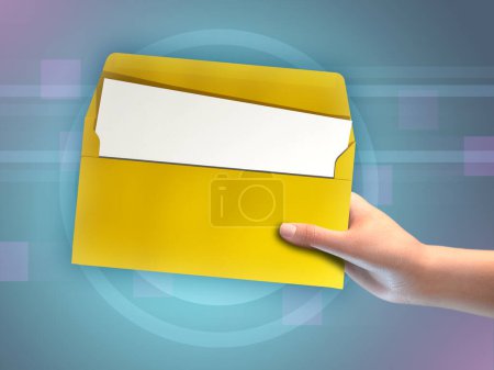 Foto de Abra el sobre amarillo con un documento en blanco dentro. Ilustración digital, renderizado 3D. - Imagen libre de derechos