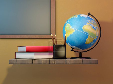 Foto de Algunos libros, un portalápices y un globo terrestre en un estante montado en la pared. Una pequeña pizarra está colgando en la pared, con espacio de copia disponible. Ilustración digital, renderizado 3D. - Imagen libre de derechos