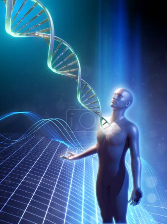 Foto de La hebra de ADN se fusiona con un cuerpo humano, representando la creación de la vida. Ilustración digital, renderizado 3D. - Imagen libre de derechos