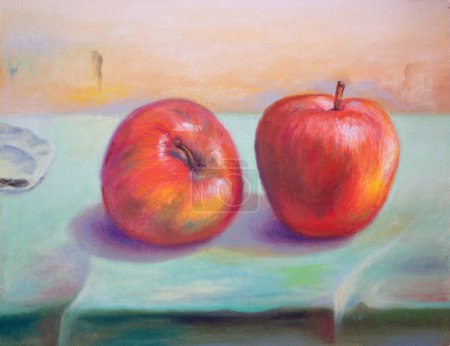 Foto de Dos manzanas sobre un fondo verde claro y amarillo. Pasteles al óleo pintura sobre papel. - Imagen libre de derechos