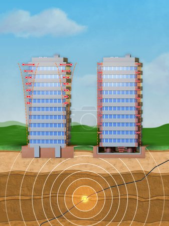 How a standard building and an antiseismic one react to a seismic event. Digital illustration, 3D render.