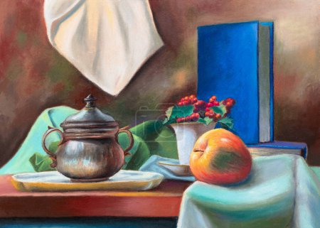Foto de Bodegón con fruta, una jarra de metal y algunas cortinas. Pintura tradicional sobre papel. - Imagen libre de derechos