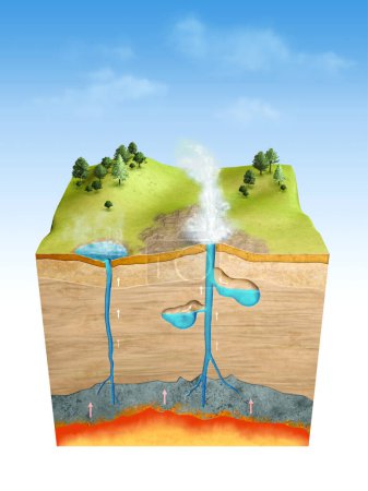Foto de Sección transversal de la corteza terrestre que muestra cómo funcionan los géiseres y las aguas termales. Ilustración digital, renderizado 3D. - Imagen libre de derechos