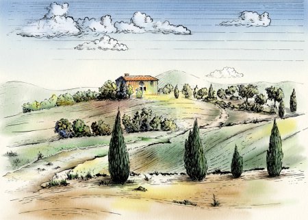 Téléchargez les photos : Dessin à l'encre d'un paysage rural avec vignoble. Illustration traditionnelle sur papier, couleur numérique. - en image libre de droit