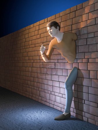 Téléchargez les photos : Un homme traversant un mur de briques. Illustration numérique, rendu 3D. - en image libre de droit