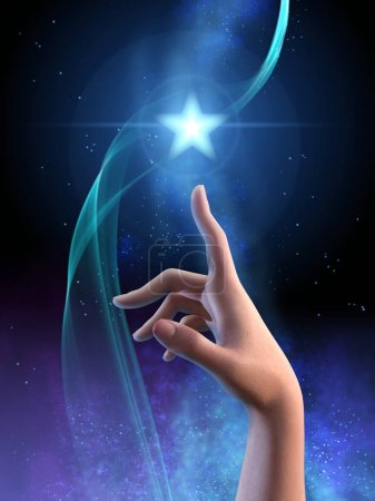 Téléchargez les photos : Gracieuse main féminine atteignant une étoile avec son doigt. Illustration numérique, rendu 3D. - en image libre de droit