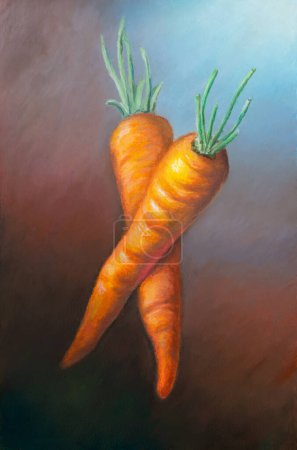 Téléchargez les photos : Peinture de deux carottes sur un fond sombre. Pastels à l'huile sur papier. - en image libre de droit