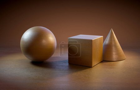 Foto de Esfera, cubo y cono iluminados por una luz cálida, con espacio de copia disponible. Ilustración digital, renderizado 3D. - Imagen libre de derechos