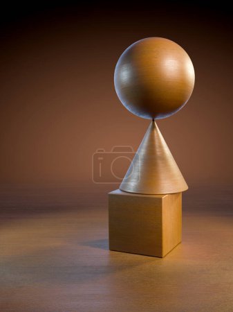 Téléchargez les photos : Sphère, cube et cône éclairés par une lumière chaude, avec espace de copie disponible. Illustration numérique, rendu 3D. - en image libre de droit