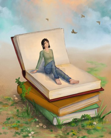 Téléchargez les photos : Fille rêvant en étant assise sur un livre géant ouvert. Illustration numérique. - en image libre de droit