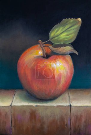 Téléchargez les photos : Une pomme rouge assise sur des blocs de pierre sur un fond sombre. Huile pastels peinture sur papier. - en image libre de droit