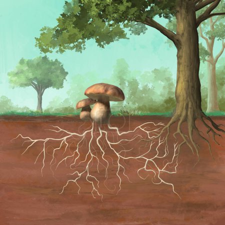 Mycorrhizal symbiosis between mushroom and green plant. Digital illustration.