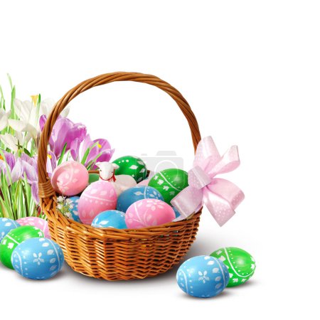 Photo for Easter eggs and crocuses isolated on white background. Easter decoration. - Royalty Free Image