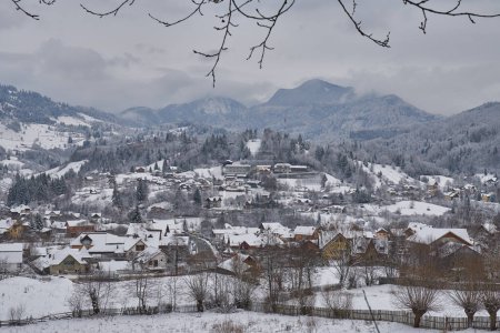 Foto de Paisaje invernal al atardecer con montañas cubiertas de pinos y nieve - Imagen libre de derechos