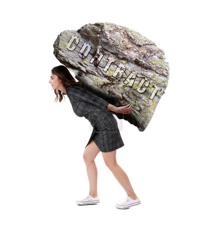 Photo for Young businesswoman carrying a stone heavy contract on her back, isolated on white background - Royalty Free Image