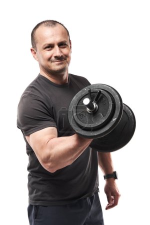 Photo for Mature caucasian muscular man doing a fitness workout, dumbbell biceps curls isolated on white background - Royalty Free Image