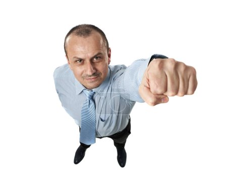 Photo for Successful businessman punching up his way towards success, isolated on white background - Royalty Free Image