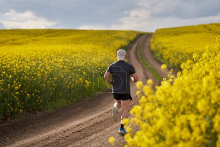 Photo for Middle aged distance runner running on a dirt road in a blooming canola field - Royalty Free Image