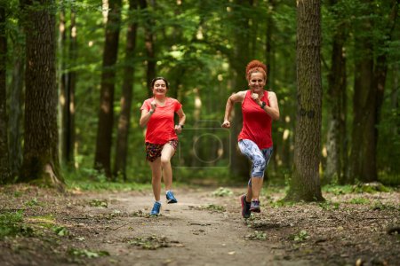 Foto de Dos mujeres felices y sanas corriendo por un sendero para correr en el bosque - Imagen libre de derechos