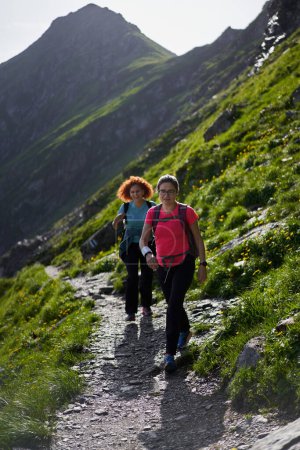 Photo for Two women hikers with backpacks hiking on a trail in the rocky mountains - Royalty Free Image