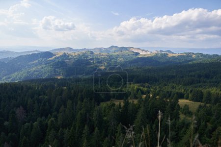 Foto de Paisaje con montañas cubiertas de espesos bosques a finales del verano - Imagen libre de derechos