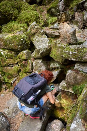 Téléchargez les photos : Randonneuse avec sac à dos randonnée dans la forêt de montagne - en image libre de droit