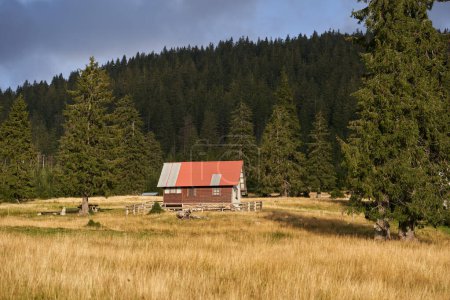 Téléchargez les photos : Paysage de fin d'été avec cabane et montagnes couvertes de pinèdes - en image libre de droit