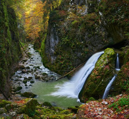 Foto de Maravilloso paisaje vibrante de una cascada en un desfiladero, con un río, en colores otoñales - Imagen libre de derechos