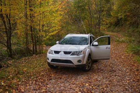 Téléchargez les photos : Un 4x4 blanc sur une route couverte de feuilles tombées de la forêt, paysage d'automne - en image libre de droit