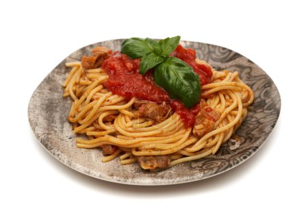 Foto de Un plato con pasta boloñesa con salsa de tomate arrabiata y albahaca y pechuga de pollo - Imagen libre de derechos