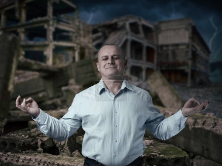 Businessman trying to be zen chill while disaster is unfolding behind him, mixed media digital art, conceptual image of business collapse