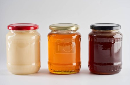 Téléchargez les photos : Pots avec différents types de miel, y compris miellat ou miel de forêt, miel de fleurs sauvages et miel de canola - en image libre de droit