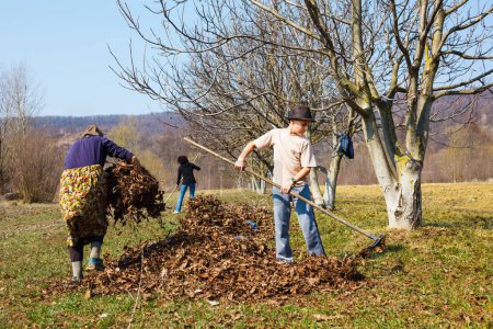Photo for Kid with his grandmother and his mother spring cleaning with a rake in an orchard - Royalty Free Image
