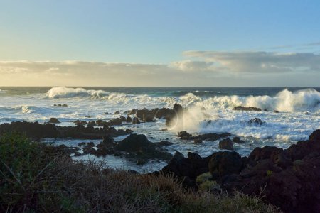 Téléchargez les photos : Paysage marin avec vagues écrasantes au large des côtes de l'île volcanique de Tenerife - en image libre de droit