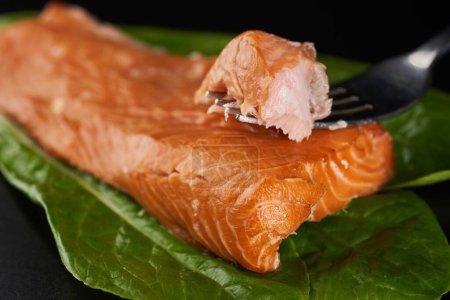 Photo for Smoked salmon on lettuce leaves in closeup over black background - Royalty Free Image