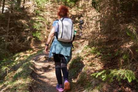 Téléchargez les photos : Femme avec sac à dos randonnée seule sur un sentier dans les montagnes, à travers la forêt - en image libre de droit