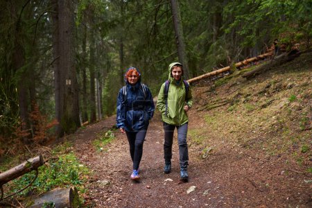 Téléchargez les photos : Women with backpacks hiking on a rainy day in the mountains - en image libre de droit
