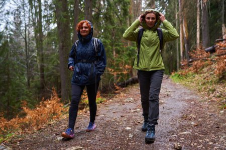 Téléchargez les photos : Femmes avec sacs à dos randonnée par temps de pluie dans les montagnes - en image libre de droit