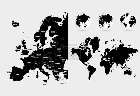 Téléchargez les illustrations : Carte du monde vectorielle, silhouette grise isolée, modèle d'illustration - en licence libre de droit