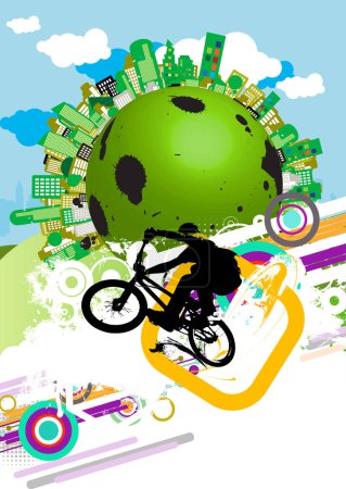 Illustration for Active man. BMX rider in abstract sport landscape background, vector. - Royalty Free Image