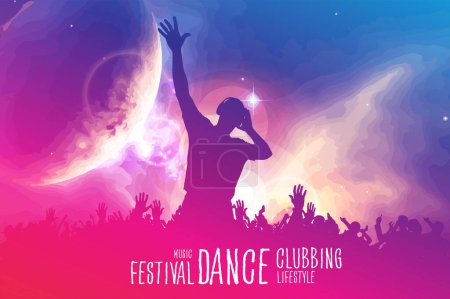 Téléchargez les illustrations : Nightlife and music festival concept. Dancing people at music festival - en licence libre de droit