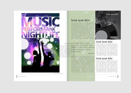 Ilustración de Brochure, e-book or presentation mockup with music event subject, vector illustration easy to editable - Imagen libre de derechos